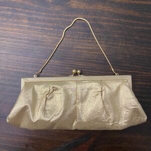 Kate Landry Gold Metallic Pleated Evening Clutch Bag Kiss Lock Snake Chain Strap